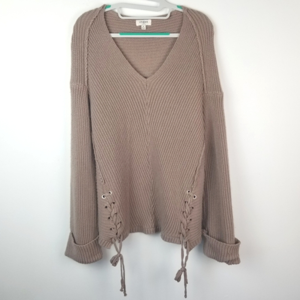 Umgee oversized V-neck lace up knit sweater